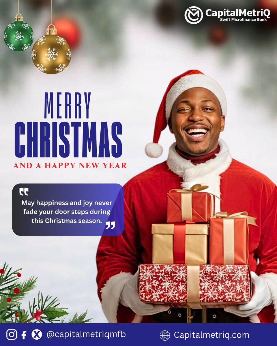 capitalmetriq's tweet image. 🎄✨Spreading joy, gratitude, and financial empowerment this Christmas.
Merry Christmas and a Prosperous New Year from CapitalMetriq Microfinance Bank.

#MerryChristmas #CapitalMetriqMFB #MicrofinanceBank
#SeasonOfGiving #BankWithPurpose #ProsperousNewYear