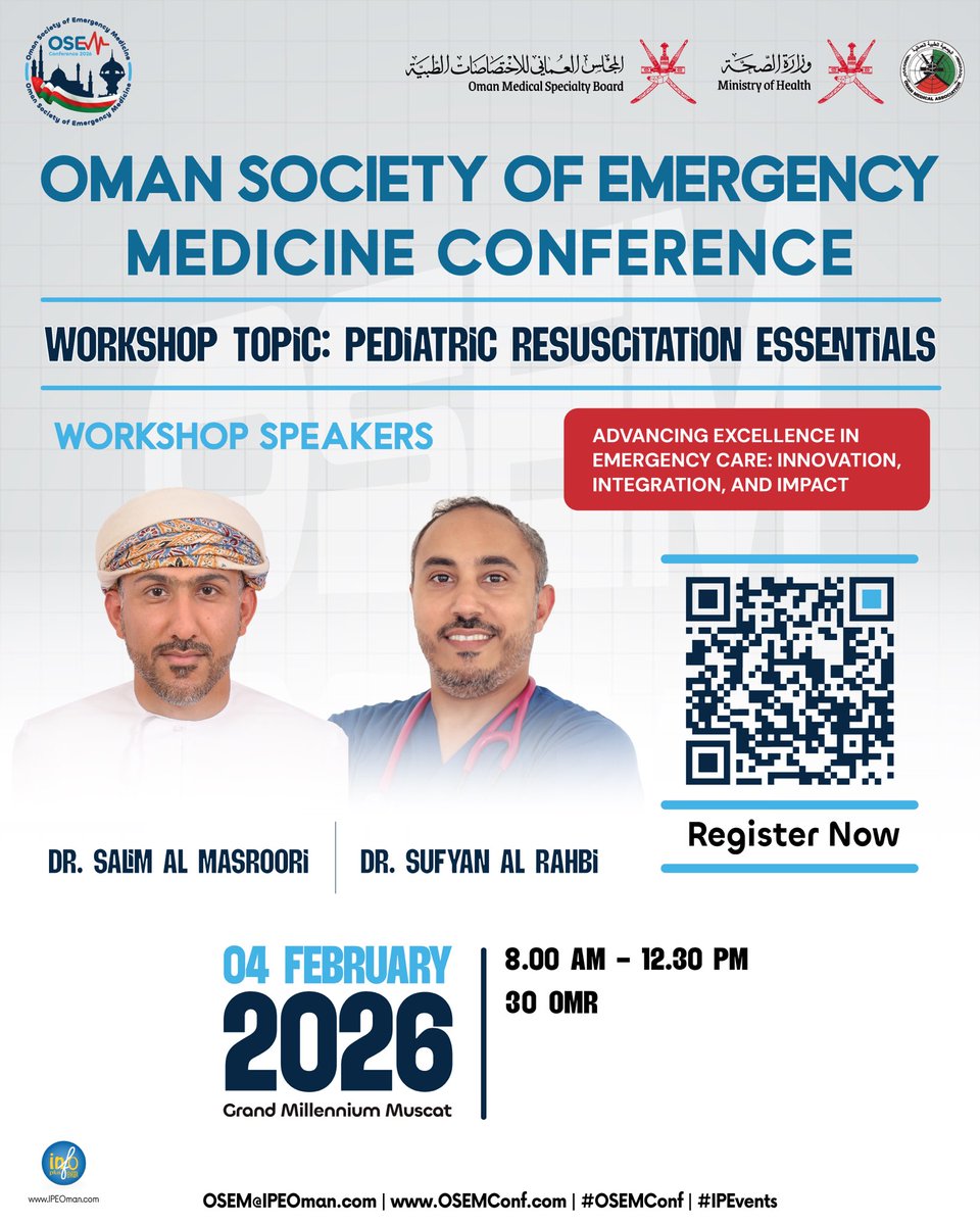 osem_oman's tweet image. Join a focused workshop at #OSEMConf

Pediatric Resuscitation Essentials

4 February 2026
8:00 AM – 12:30 PM
30 OMR

Limited seats available.

Register now @ bit.ly/OSEMReg

For more Info, please visit: OSEMConf.com

#OSEMConf #IPEvents #Emergency