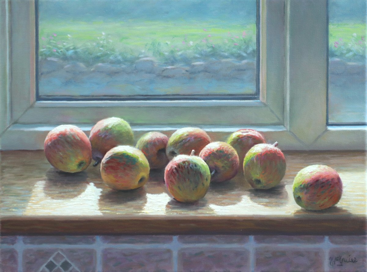 I just finished this painting a couple of days ago. We got a great crop of eating apples this year and I took some photos of the last of them. As ever, my painting eye was drawn to the backlight. It's oil on 12" x 16" canvas. Happy Christmas everyone.