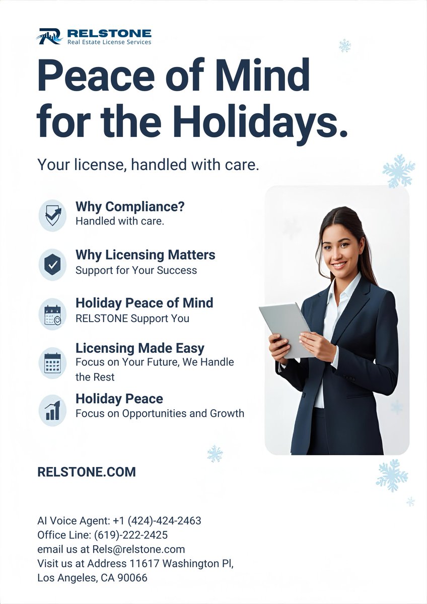CARELicandIns's tweet photo. Peace of mind this holiday season—RELSTONE handles your licensing so you can focus on growth.

🌐 https://t.co/3u7p52z9ee
📧 Rels@relstone.com
🤖 +1 424-424-2463
📞 619-222-2425
📍 11617 Washington Pl, Los Angeles, CA 90066
#RELSTONE #AgentSuccess #RealEstate #LicensingSupport https://t.co/7hrywZN3kc