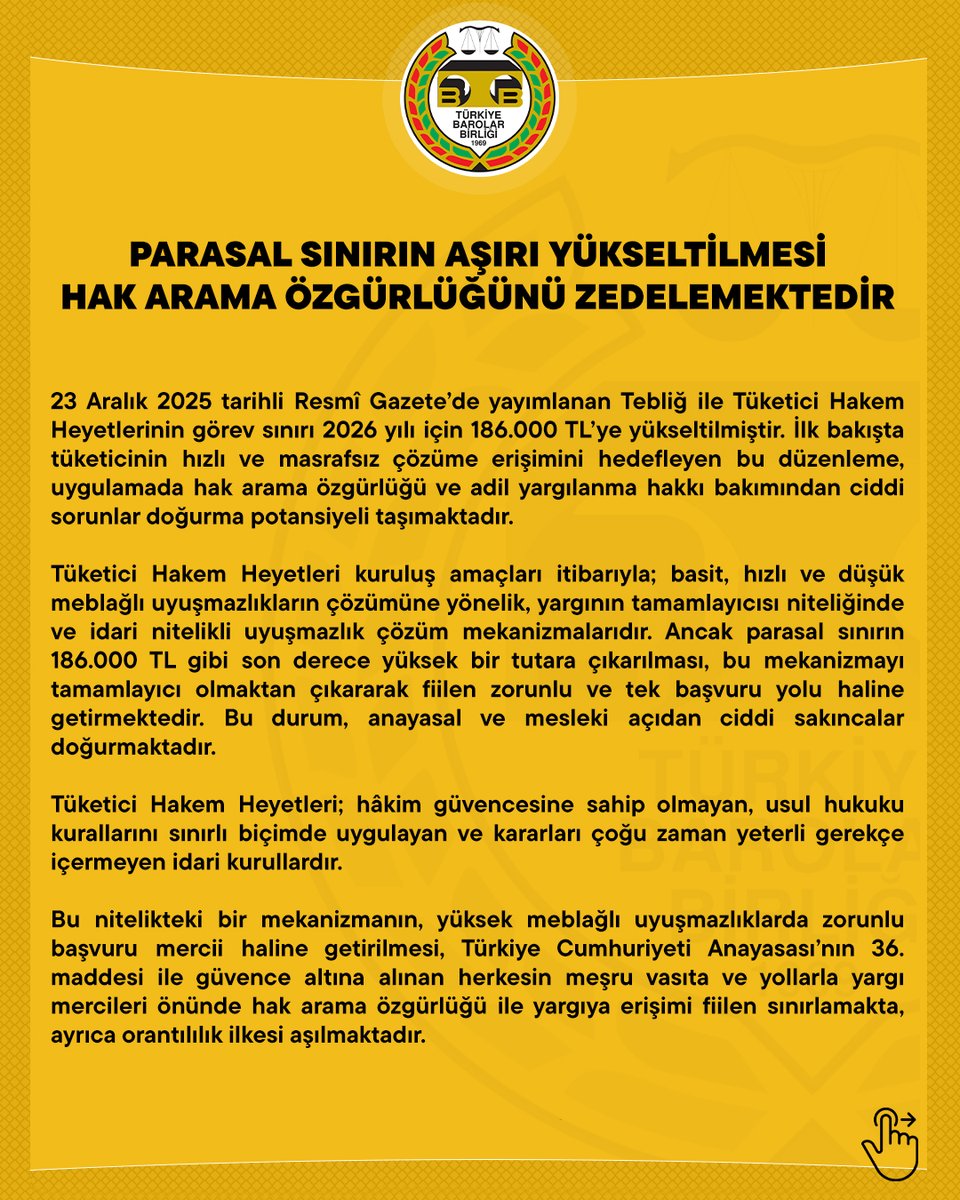 barolar's tweet photo. Parasal Sınırın Aşırı Yükseltilmesi Hak Arama Özgürlüğünü Zedelemektedir

👉  https://t.co/nix2daLWex https://t.co/B1hYehfuO9
