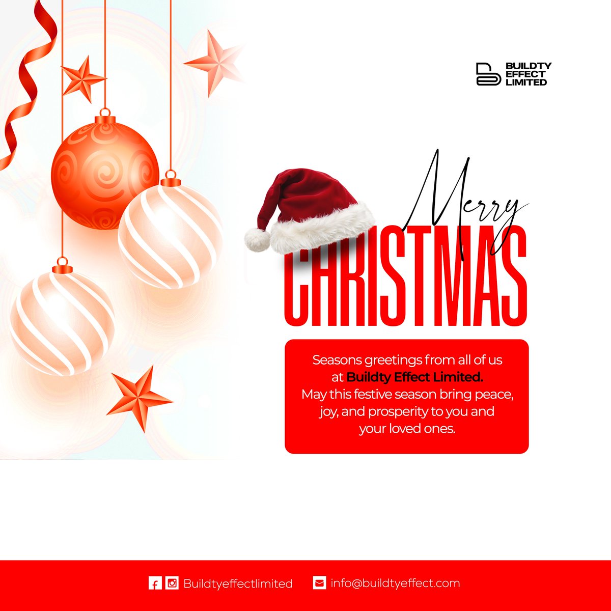 buildtyeffect's tweet photo. Wishing you a Merry Christmas  from all of us at Buildty Effect Limited. 🎊🎄
May this season bring you joy, peace, and success.♥️ https://t.co/uzrqUpdOF2