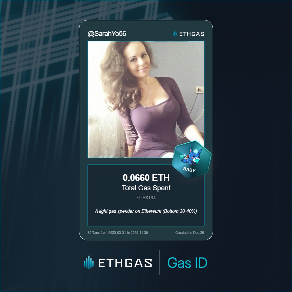 Leveled up in the Great Gas Reckoning with ETHGas! 💪

Baby Jack status: 0.066 ETH gas spent, 16 Beans earned—supporting the Gasless Future!

Claim your Gas ID at ethgas.com/community/gas-…