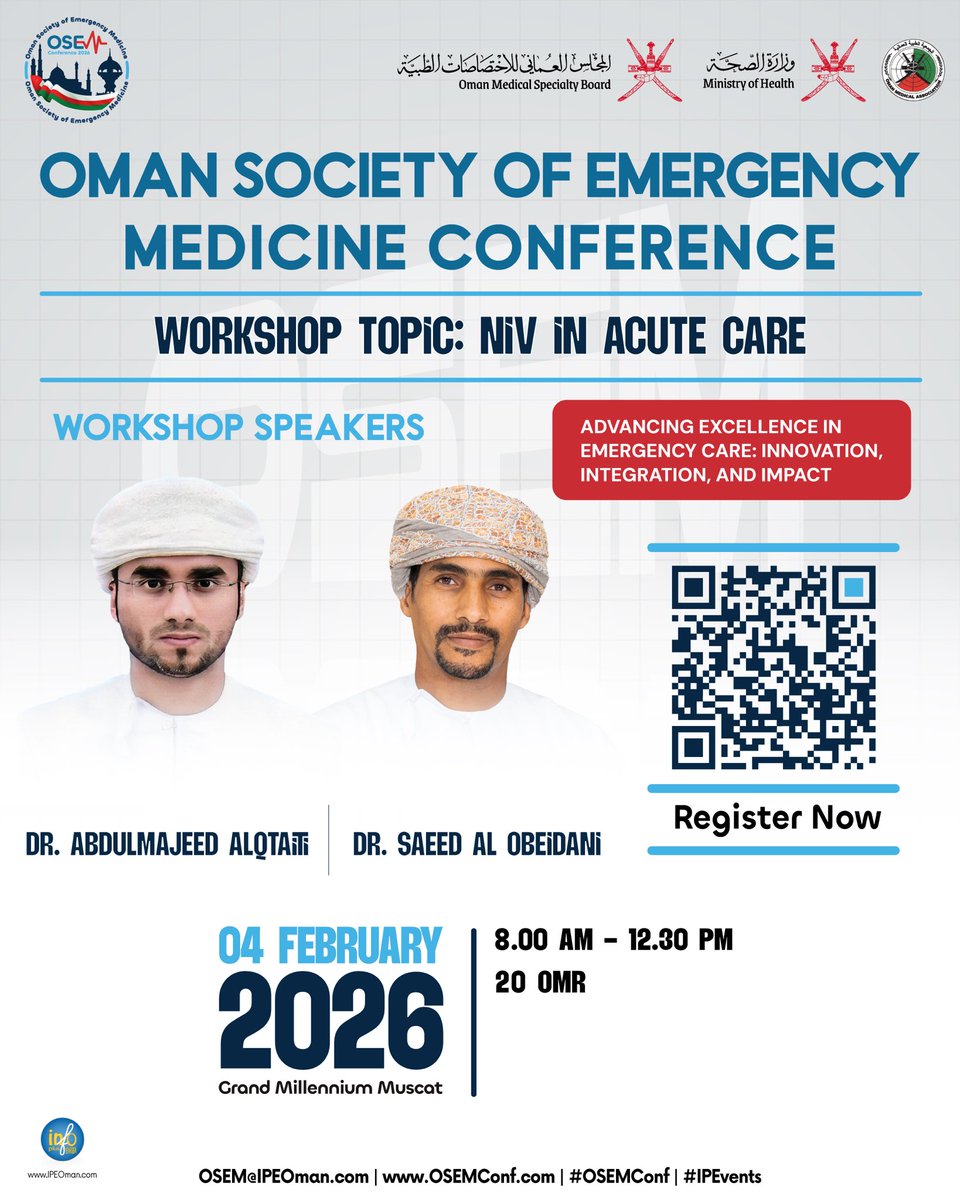 osem_oman's tweet image. Join a focused workshop at #OSEMConf

Workshop topic: NIV in Acute Care

4 February 2026
8:00 AM – 12:30 PM
20 OMR

Limited seats available.

Register now @ bit.ly/OSEMReg

See you at #OSEMConf 2026 !

#OSEMConf #IPEvents #Emergency