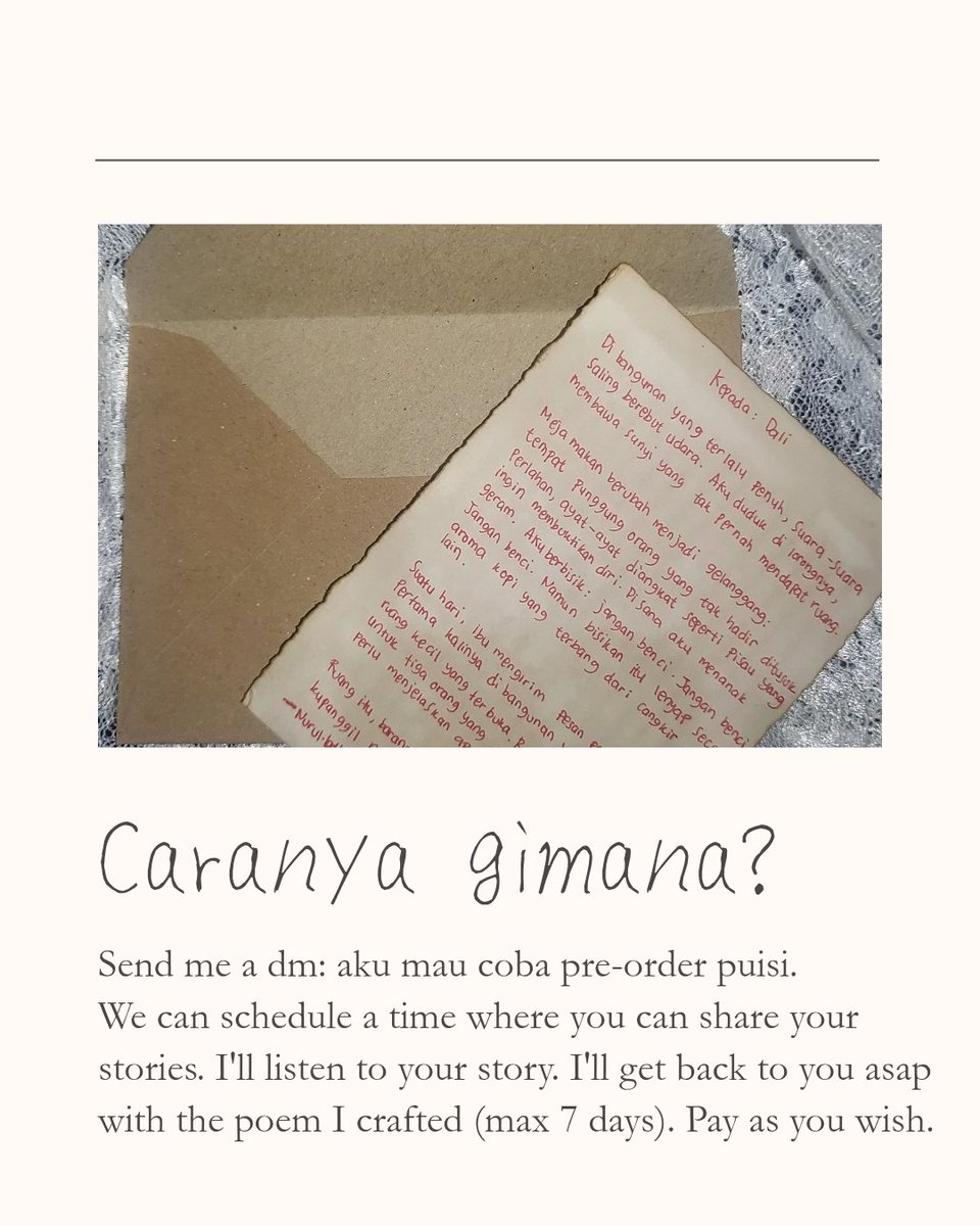 nyalalembut's tweet image. Guys, kalau tweet ini lewat di timeline kalian, boleh tlg minta RT/likenya ga? Makaciii!

Aku open comission pre-order puisi lagi, tapi slot terbatas yaaa. Dm me, if you're interested yah 🥰💖