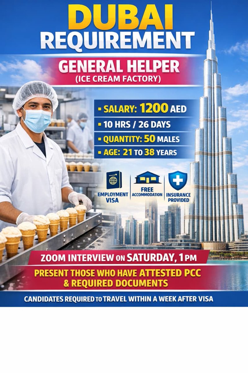 shiloh_travel's tweet photo. Work in Dubai ๐ฆ๐ช๐ฆ
Ice Cream Factory hiring General Helpers!
AED 1200 salary + Free visa, accommodation & insurance.
Zoom interview Saturday, 1PM.
#DubaiJobs #UAEJobs #OverseasJobs #JobOpportunity #GeneralHelper #FactoryJobs #GulfJobs #WorkAbroad #DubaiRequirement #HiringNow https://t.co/bplUPFgFP9