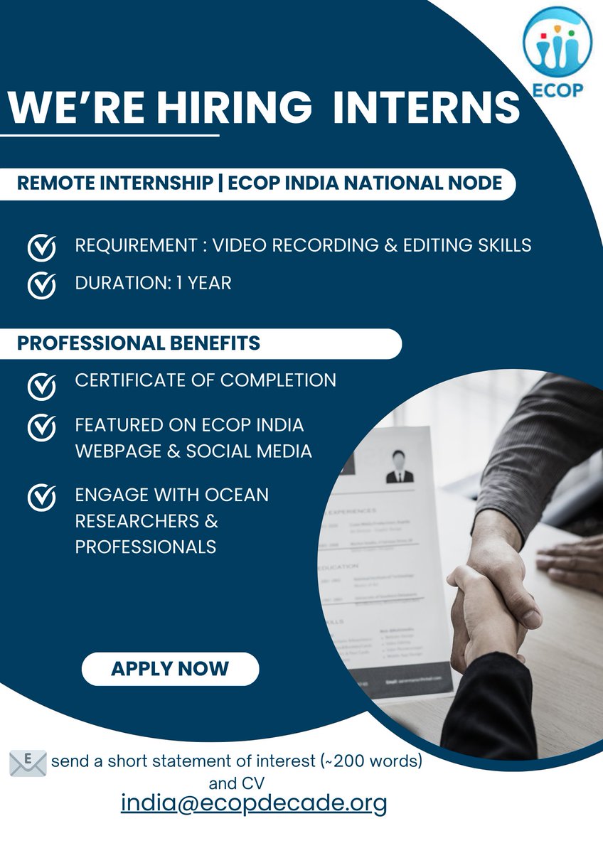 EcopIndia_node's tweet photo. 📢 ECOP India is hiring interns!

Applications are invited for a 1-year remote internship with the ECOP India National Node, focused on video recording &amp; editing and science communication.
📧 Apply: india@ecopdecade.org
📅 Statement (~200 words) + CV

#ECOPIndia #UNOceanDecade https://t.co/6P9ExE2B9A