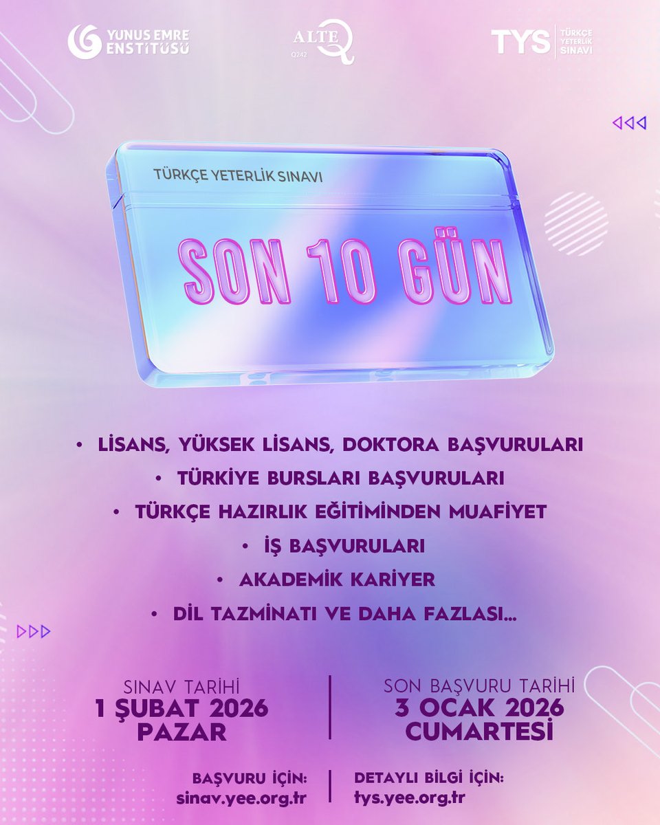 🇷🇴 Ultimele 10 zile în care vă puteți înscrie la Examenul de Competență Lingvistică #TYS, primul și singurul examen certificat de ALTE pentru limba turcă. 

Data examenului: 1 Februarie 2026
Data limită de înscriere: 03 Ianuarie 2026
Pentru înscriere: sinav.yee.org.tr