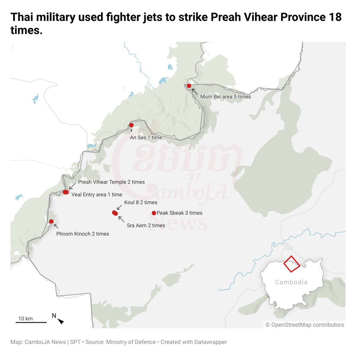 นี่เป็นแผนที่การโจมตีโดยใช้เครื่องบินรบของทหารไทยรวมทั้งสิ้นประมาณ 70 เที่ยวในเวลา18วัน (เอามาจากสื่อที่เข้าข้างเขมร แต่ไม่มีทางเลือกเพราะสื่อไทยไม่มี)
ไหนบอกสิว่า "ป้องกันตัว"???
ทหารไทย นอกจากใช้เงินมหาศาลแล้ว (เที่ยวละกว่าล้านบาท) ยังทำราวกับว่าตัวเองเป็น"เจ้าโลก"เที่ยว..
1/2