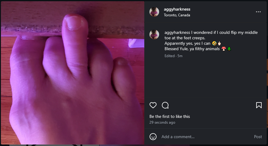 Shared to my Instagram because of all the foot worshiping whack jobs that've recently followed that profile, one of which I just blocked because they had the temerity to private message me when my pinned post says that trying to slip into my DMs will result in same. 
#keptpromise