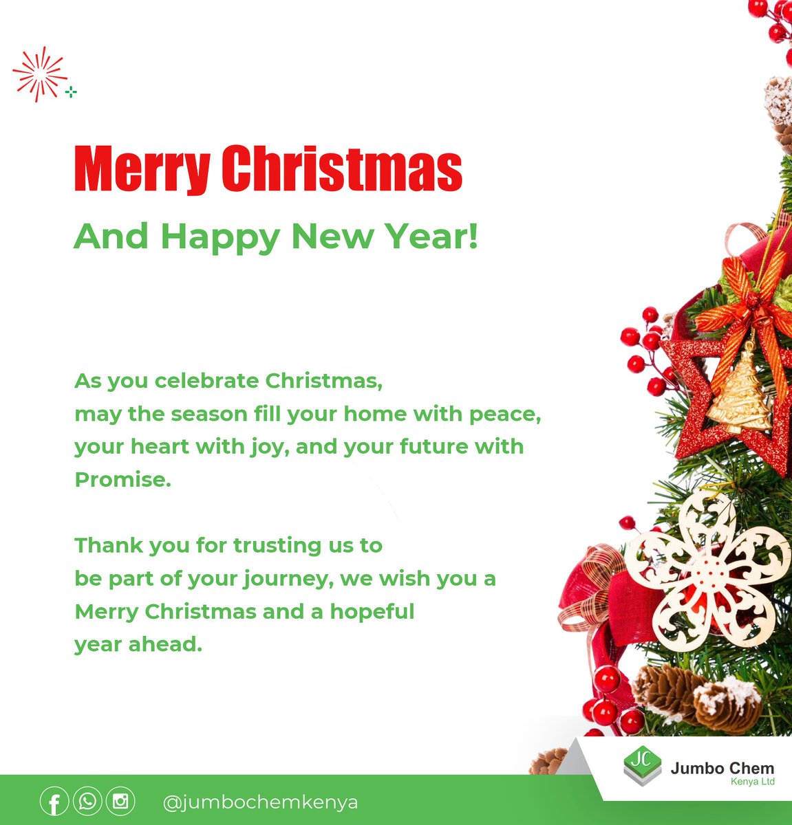 🎄Merry Christmas to You and Your families 🎄

May this festive season bring joy, peace, and beautiful moments with those you love.

From all of us at Jumbo Chem Kenya Ltd

#MerryChristmas #HappyNewYear #SeasonOfJoy