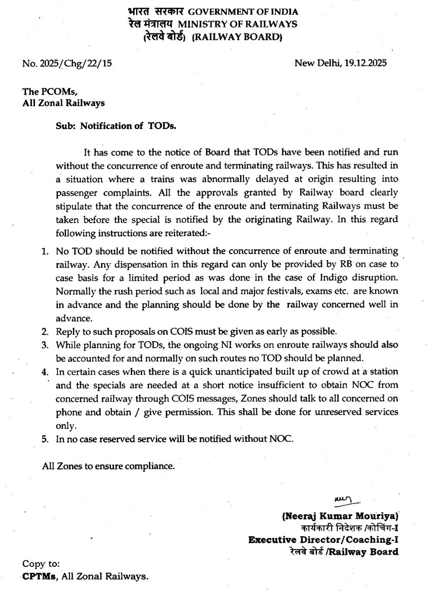 Rly Board issues new guidelines for #TODSpecialTrain

No TOD without NOC of en-route &amp; terminating Rlys
Reserved TODs barred without NOC, emergency telephonic NOD only for unreserved

TODs now classified by period: 
Holi | Summer | Pooja | Winter | Extra Rush

#IndianRailways