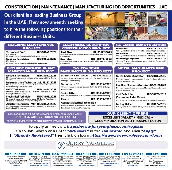 jviglobal's tweet photo. Construction, Maintenance and Manufacturing - UAE | Job Opportunities for a leading Business Group in UAE | To apply please visit our official website: https://t.co/ZCnjfxz0Eg and complete the registration process. Once registered, Go to Job Search and Enter Job Title and apply https://t.co/SDAL4UJCdn