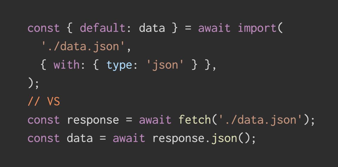 Import JSON v JS?

— Podpora v moderních prohlížečích (newly available)
— Bacha na paměť, moduly v ní zůstávají 

Detaily 👇🏻 buff.ly/5AQPgQ4
