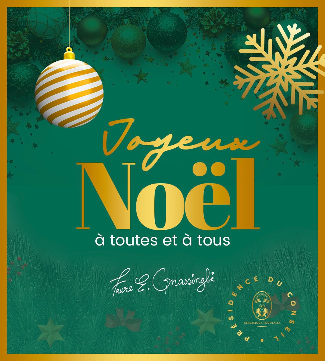 A tous nos concitoyens au #Togo et dans la diaspora, je souhaite un joyeux Noël. 

Que cette célébration concoure à affermir nos valeurs communes de fraternité, de solidarité, et de tolérance.

FEG

#Noël2025