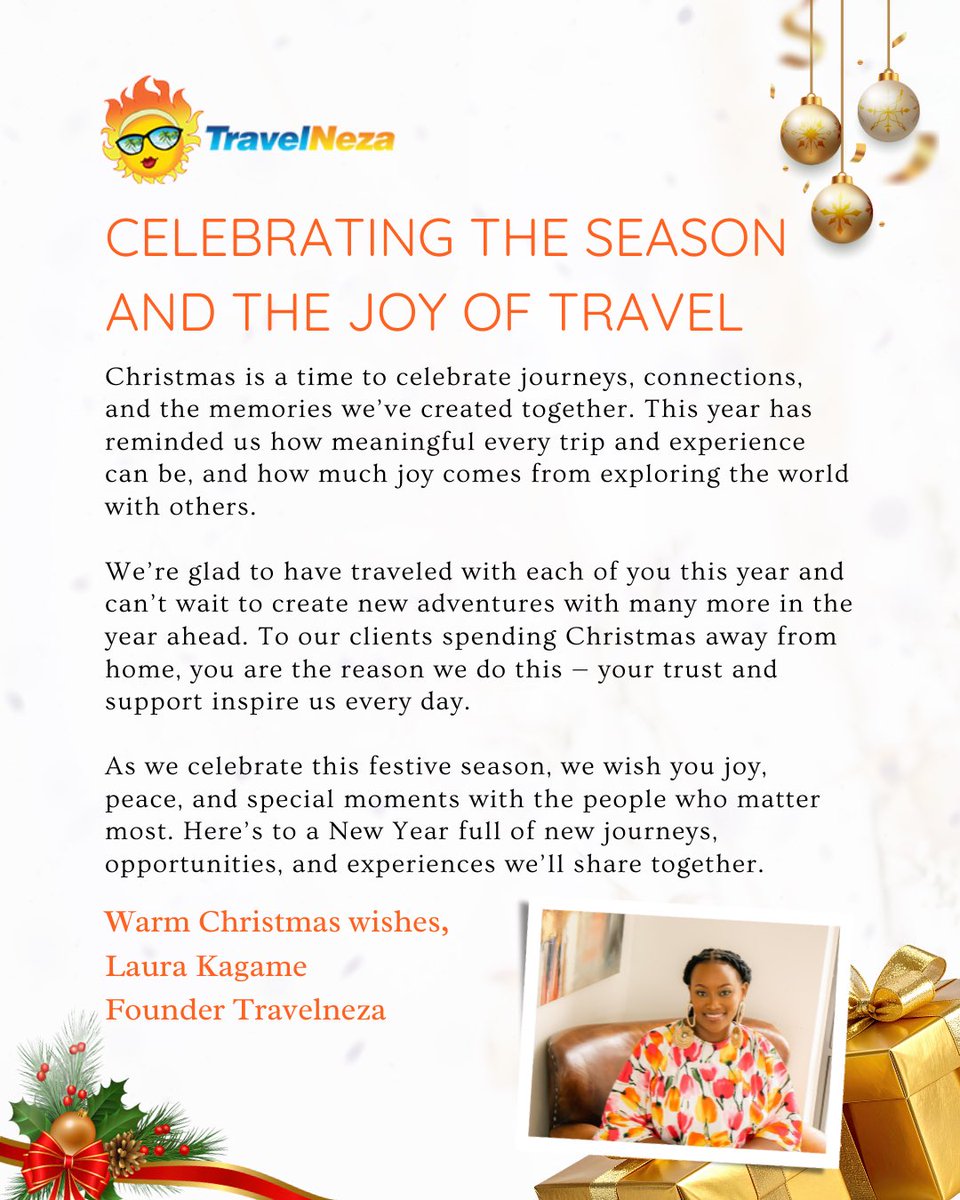 laura_kagame1's tweet photo. Celebrating the season and the joy of travel 
Thank you for journeying with us this year. here's to new adventures, beautiful memories, and more destinations together in the year ahead
MERRY CHRISTMAS 🎄🎁 https://t.co/g8x5t36b4R