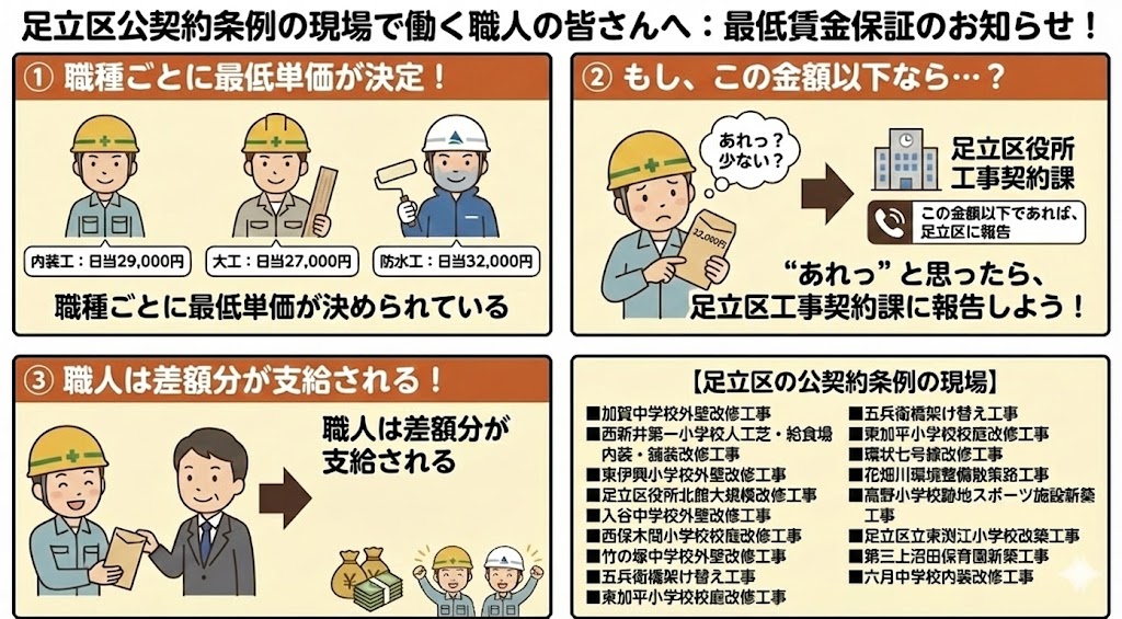 足立区公契約条例

12月18日　五兵衛橋 
12月19日　新田学園 
 で、現場宣伝を実施！
ですが…
 まだまだ職人さんへの条例周知は不十分なのが現実。
公契約工事では
  最低賃金が条例で決められています。
「これ、合ってるかな？」
 少しでも “アレ？” と思ったら、
  足立区工事契約係へ連絡を！
