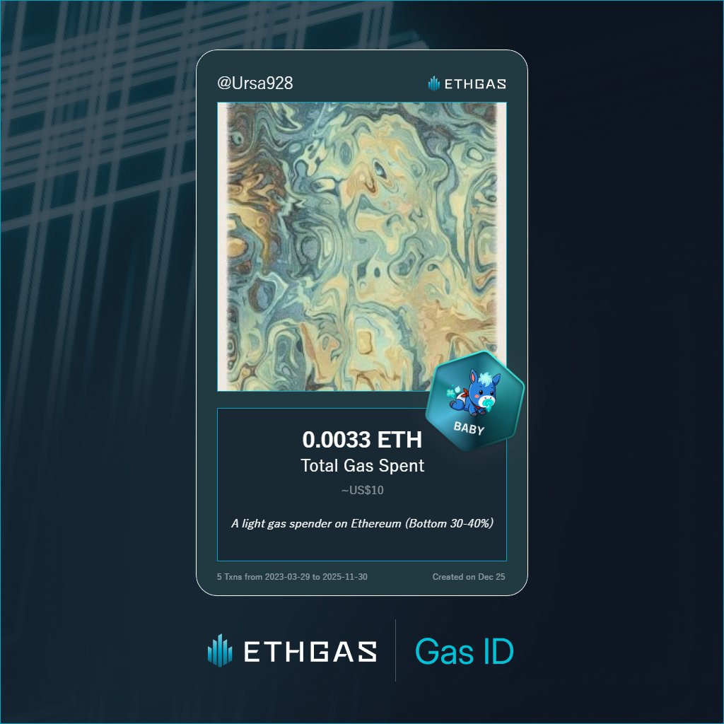 Ursa928's tweet photo. Discovered my Gas ID via ETHGas - turning my gas spend into rewards 🫘

As a Baby Jack, I've spent 0.0033 ETH on gas but earned 1 Beans back.

Get your Gas ID and Beans here: https://t.co/7MOCrJzng7 https://t.co/C3UZpdK8gS