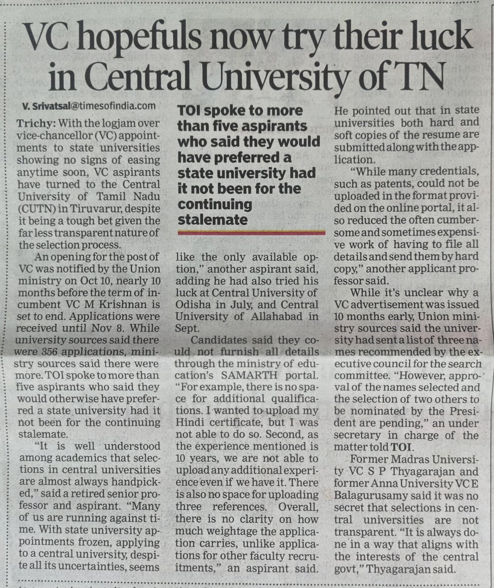 SVatsal14825's tweet photo. With the logjam over #vicechancellor (VC) appointments to state universities showing no signs of easing anytime soon, VC aspirants have now turned to the #CUTN in #Tiruvarur, despite it being a tough bet given the far less transparent nature of the selection process. https://t.co/nhTPReggY1