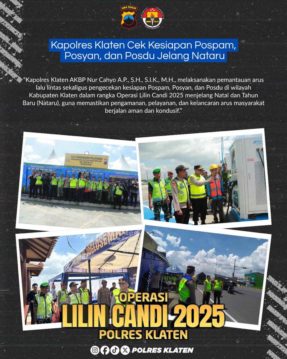 HumasWonosari's tweet photo. Kapolres Klaten AKBP Nur Cahyo A.P., S.H., S.I.K., M.H., melaksanakan pemantauan arus lalu lintas sekaligus pengecekan kesiapan Pospam, Posyan, dan Posdu di wilayah Kabupaten Klaten dalam rangka Operasi Lilin Candi 2025 menjelang Natal dan Tahun Baru (Nataru), https://t.co/75xoYtqxrm