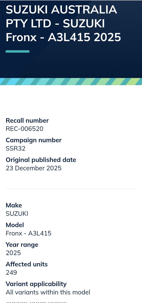 SmwGwOto's tweet image. Suzuki Australia Langsung melakukan recall Suzuki Fronx berkaitan dengan safety noted dari Australia NCAP mengenai seatbelt failure.