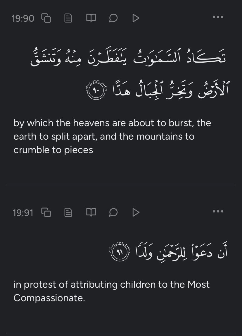 Allahuakbr99's tweet photo. @sneako Surah Maryam verses (90-91) describe the extreme reaction of the heavens, earth, and mountains to the blasphemous claim that God has a son, emphasizing the severity of attributing partners or offspring to Allah (God), a monstrous falsehood that warrants such cosmic devastation, https://t.co/CdtvQG69CO