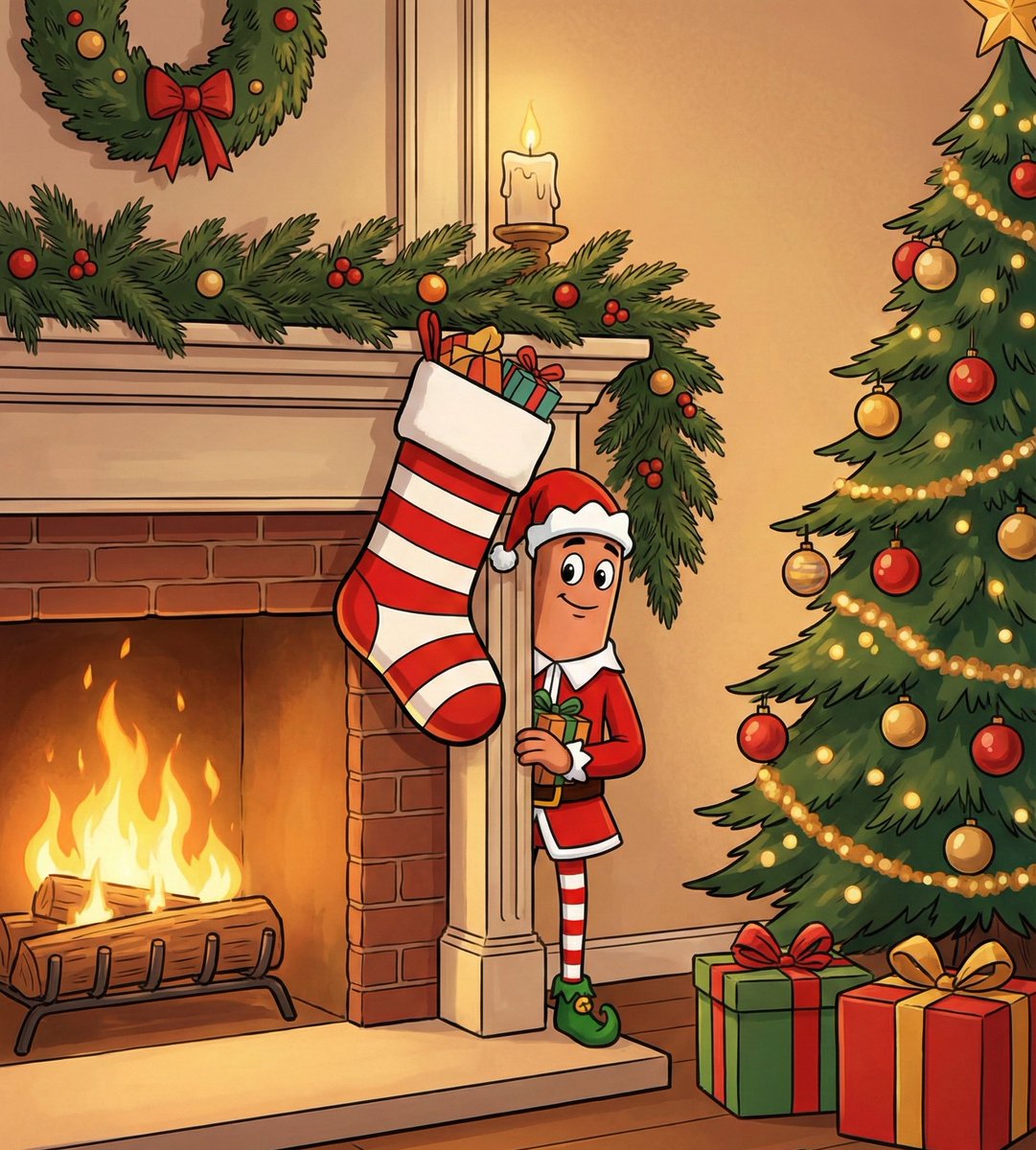 WaywardWeenies's tweet photo. When your Wayward Weenie decides to play Santa's little helper... Stuffing stockings and spreading holiday cheer, one frank at a time! #WaywardWeenies #HotDogChristmas #MerryWienerMas https://t.co/ElEsmrN6Xg