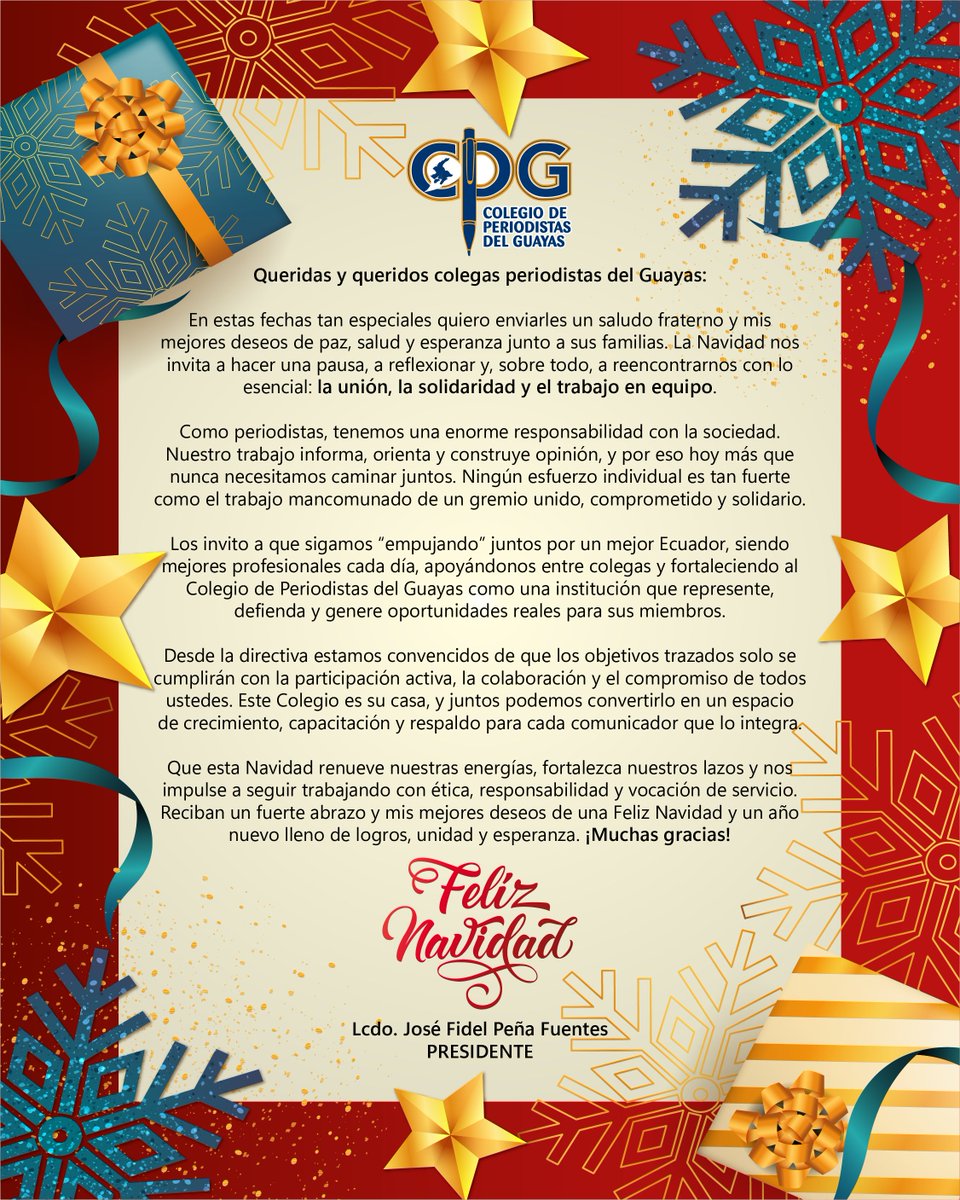 CPGuayas's tweet photo. En estas fechas tan especiales quiero enviarles un saludo fraterno y mis mejores deseos de paz, salud y esperanza junto a sus familias. La Navidad nos invita a hacer una pausa, a reflexionar y a reencontrarnos con lo esencial: la unión, la solidaridad y el trabajo en equipo. https://t.co/b9zpoVFdi4