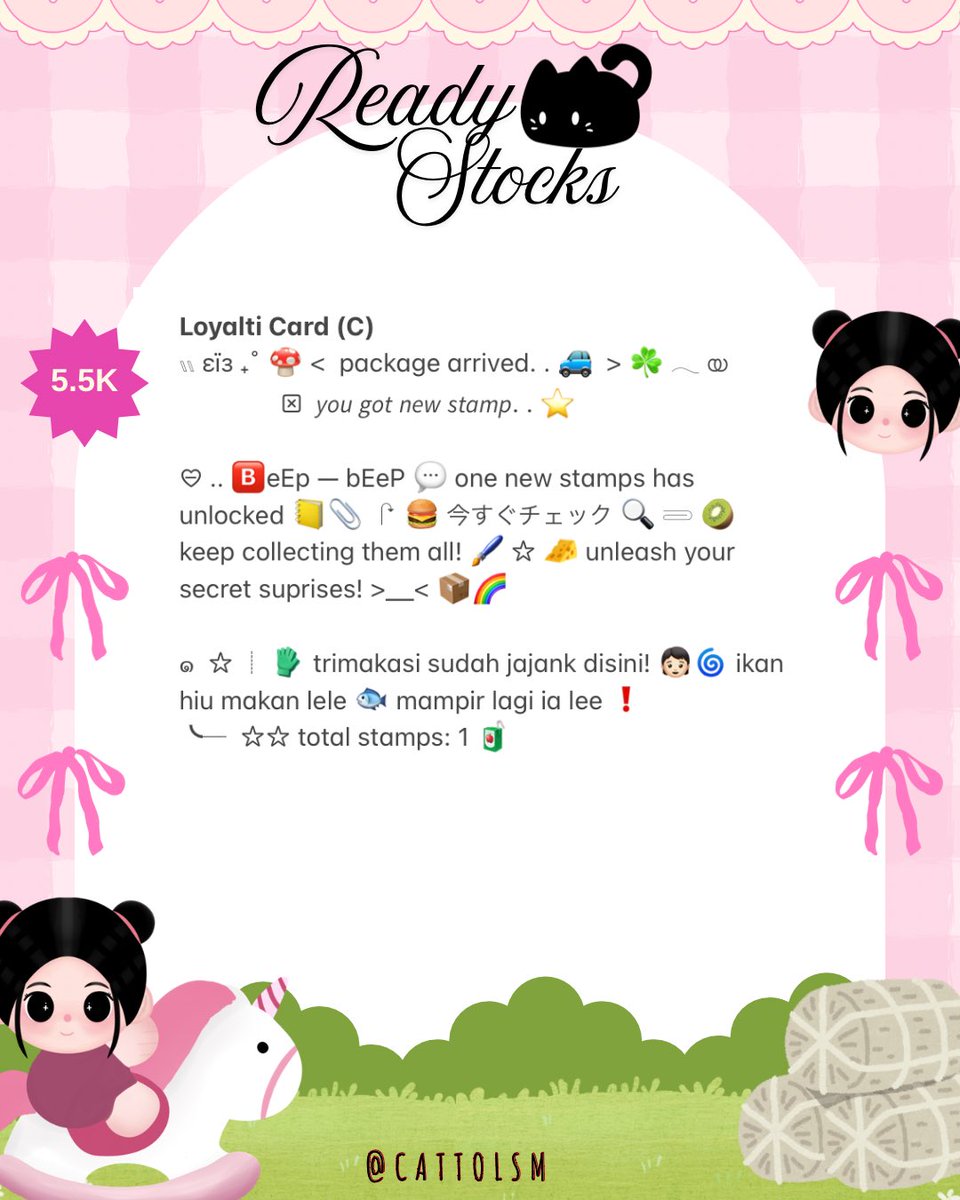 CATTOlSM's tweet image. ⣠ ︵  ♥︎  help repost?  tysm &amp;lt;3 ⭐️🎀  𓂅

◠  ⢸⠀ alline  ada  3  wording  loyalti  card kidcore  ready  stock. . 🎶🍏  𓂃 . εїз   hanya  5.5k .ᐟ.ᐟ  &amp;gt;___%   💬👧🏻   ▷  ketuk  DM  sekarang. . ✋🏻 ₊˚𓂂

☆ —— tap alt for details! . . 🐈💧
zonauang  %  zonajajan  %  zonaba