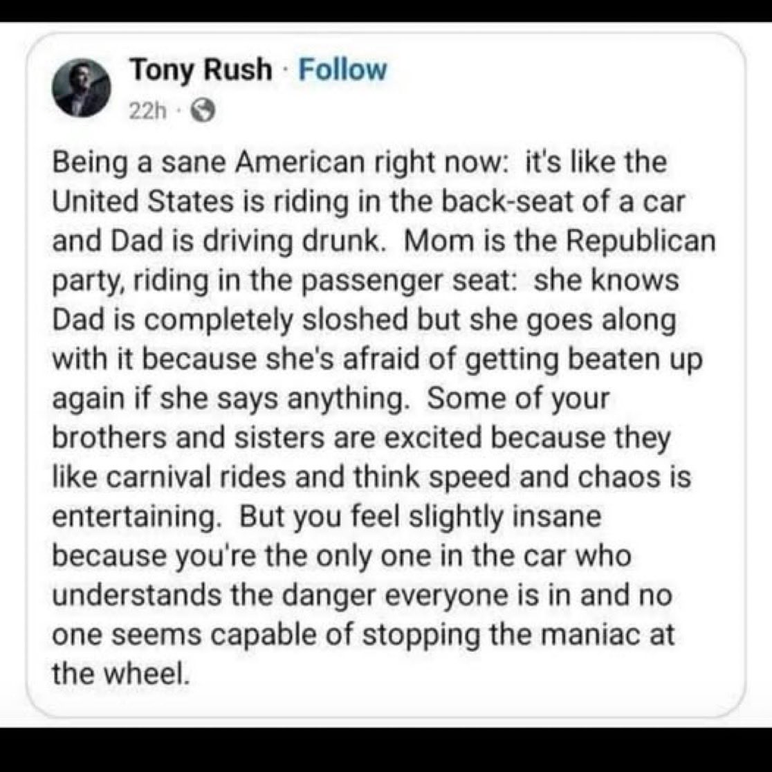 webdevjeffus's tweet image. This is the best description I’ve read about what it’s like to be a rational person in America right now: