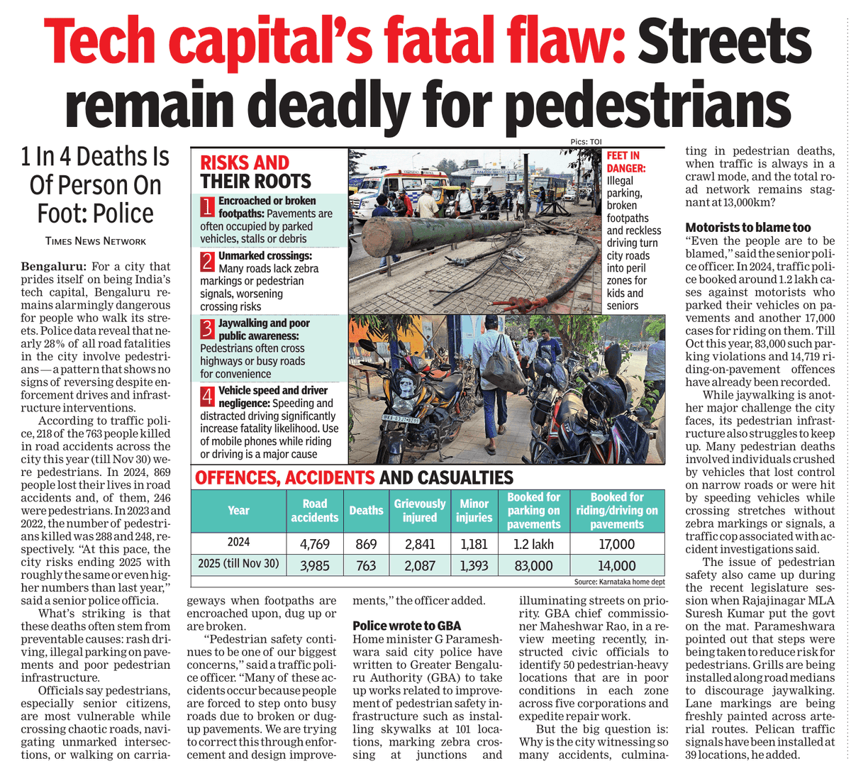 In Bengaluru, 1 in 4 road deaths is a pedestrian.

Encroached footpaths, missing crossings, illegal parking, speeding vehicles, poor enforcement. Pedestrians are pushed onto roads and pay with their lives.