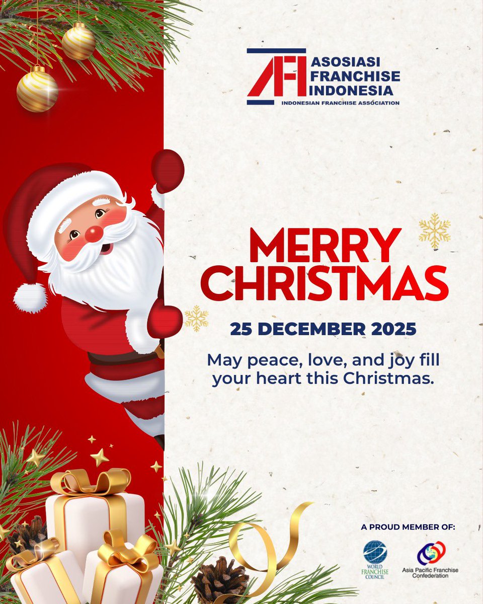 Warmest greetings and best wishes for a joyous Christmas and a prosperous New Year.

May this festive season bring you peace, happiness, and fulfillment. May the spirit of Christmas fill your heart with love and kindness.

Sincerely, 
Asosiasi Franchise Indonesia
🎄🎅