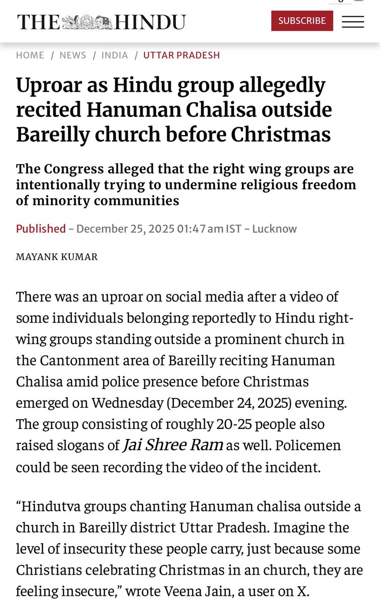 sanket's tweet photo. On most occasions, I would ignore the fringe simply because they love attention. You starve them of this one thing and they shall die. But hooligans vandalising a Christmas decoration & singing the Hanuman Chalisa infront of a church is to be taken seriously. Because they draw inspiration from BJP leaders who are seen hurting visually impaired children in the name of protecting their own religion.