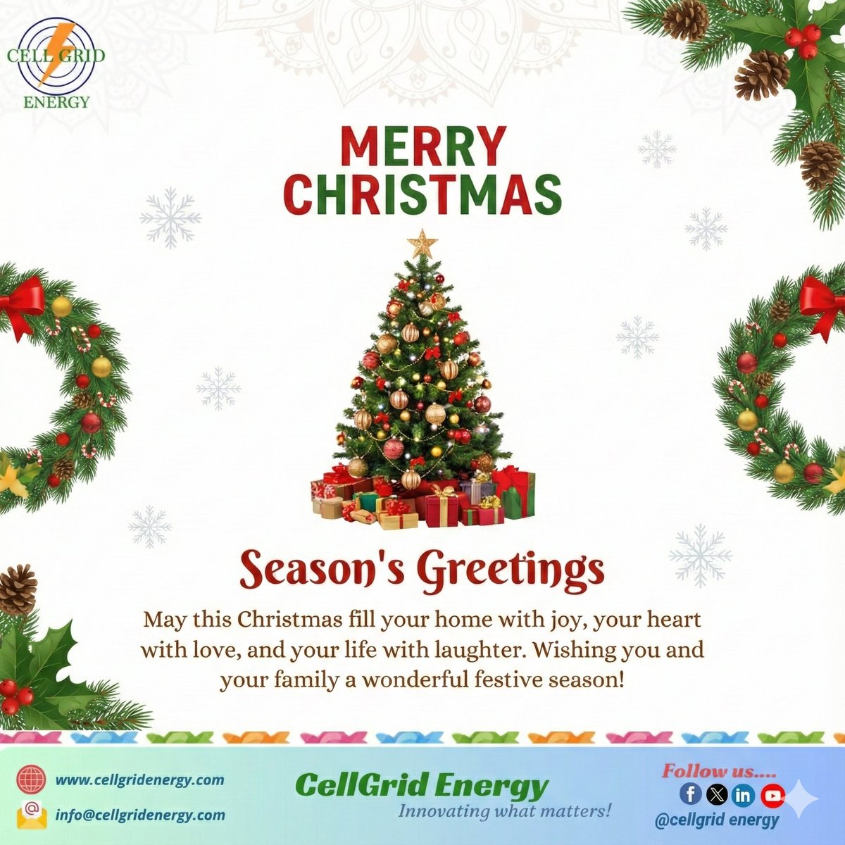 Cell_Grid's tweet image. May this Christmas fill your home with joy, your heart with love, and your life with laughter. Wishing you and your family a wonderful festive season! 
#MerryChristmas 
#MerryChristmas2025 
#Christmas2025