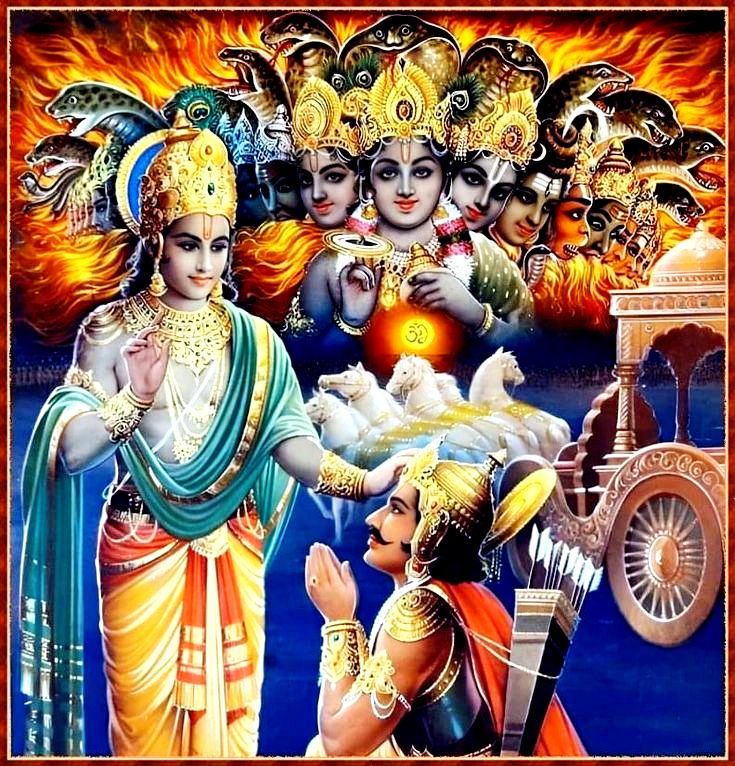 रणभूमि में भगवान कृष्ण गीता का ज्ञान देते हुए ।