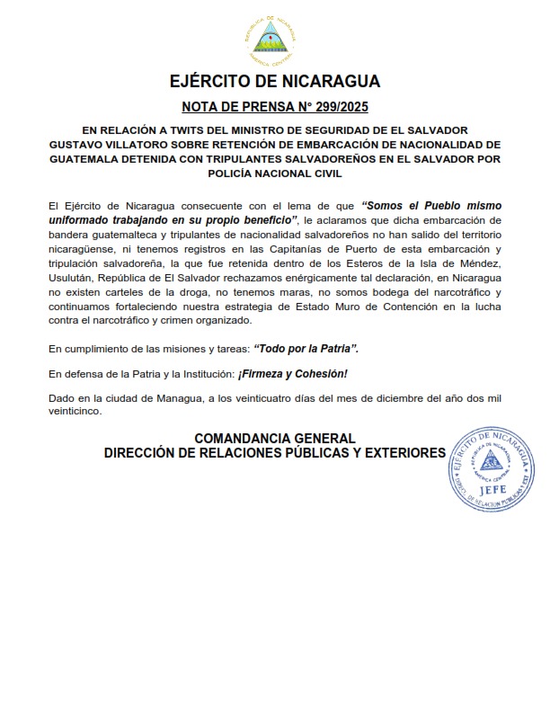 EjercitoNic's tweet image. #NOTADEPRENSA | 𝗘𝗻 𝗿𝗲𝗹𝗮𝗰𝗶ó𝗻 𝗮 𝘁𝘄𝗶𝘁𝘀 𝗱𝗲𝗹 𝗠𝗶𝗻𝗶𝘀𝘁𝗿𝗼 𝗱𝗲 𝗦𝗲𝗴𝘂𝗿𝗶𝗱𝗮𝗱 𝗱𝗲 𝗘𝗹 𝗦𝗮𝗹𝘃𝗮𝗱𝗼𝗿 𝗚𝘂𝘀𝘁𝗮𝘃𝗼 𝗩𝗶𝗹𝗹𝗮𝘁𝗼𝗿𝗼 𝘀𝗼𝗯𝗿𝗲 𝗿𝗲𝘁𝗲𝗻𝗰𝗶ó𝗻 𝗱𝗲 𝗲𝗺𝗯𝗮𝗿𝗰𝗮𝗰𝗶ó𝗻 𝗱𝗲 𝗻𝗮𝗰𝗶𝗼𝗻𝗮𝗹𝗶𝗱𝗮𝗱 𝗱𝗲 𝗚𝘂𝗮𝘁𝗲𝗺𝗮𝗹𝗮…