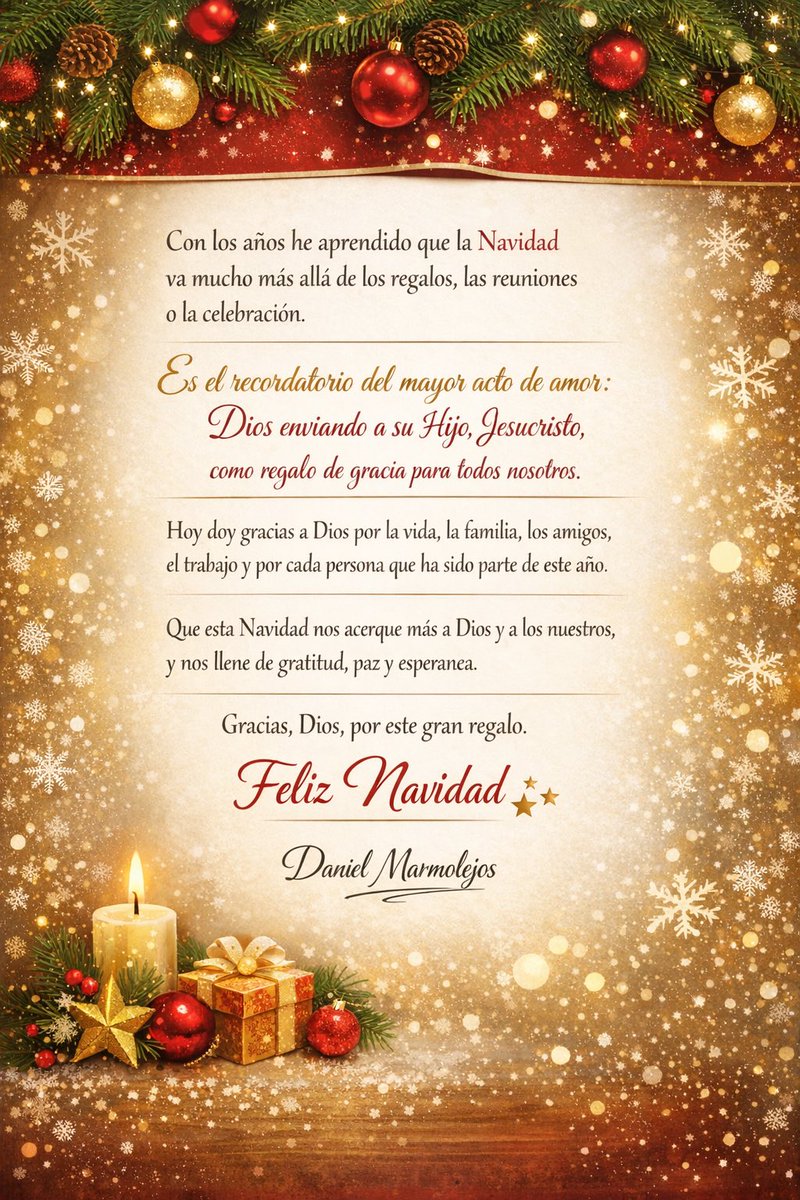 Con los años he aprendido que la Navidad va mucho más allá de los regalos, las reuniones o la celebración. 

Es el recordatorio del mayor acto de amor: Dios enviando a su Hijo, Jesucristo, como regalo de gracia para todos nosotros.

Hoy doy gracias a Dios por la vida, la familia,