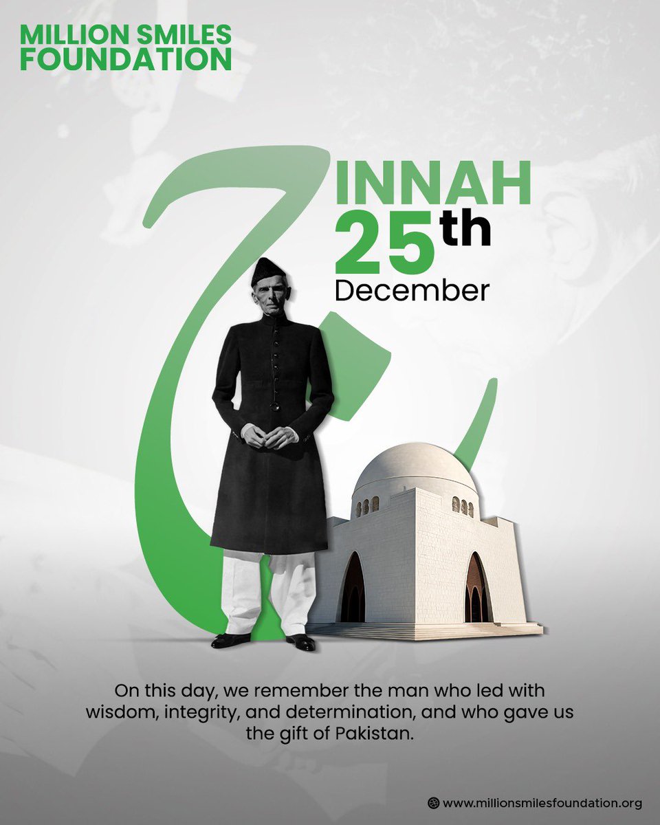 MSfoundationPK's tweet photo. Quaid-e-Azam Muhammad Ali Jinnah is an enduring symbol of courage, vision and hope for millions across the world.

We honor Quaid-e-Azam for laying the foundation of a nation built on justice, unity and compassion

#MillionSmilesFoundation #SmilesForHumanity  #QuaideAzamDay https://t.co/tlAaEGrTxn
