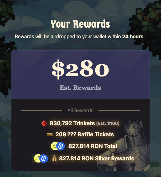 I earned rewards from playing <a href="/playcambria/">Cambria</a>'s Gold Rush: Season 3!

My rewards include:

🌟 830,792 Trinkets (Est. $166.16)
🎫 209 ??? Raffle Tickets
⚡ 827.814 RON Rewards
🔷 0 Paymaster ETH
💰 827.814 Silver RON Rewards

goldrush.cambria.gg/rewards-s3/

#GoldRush #Cambria