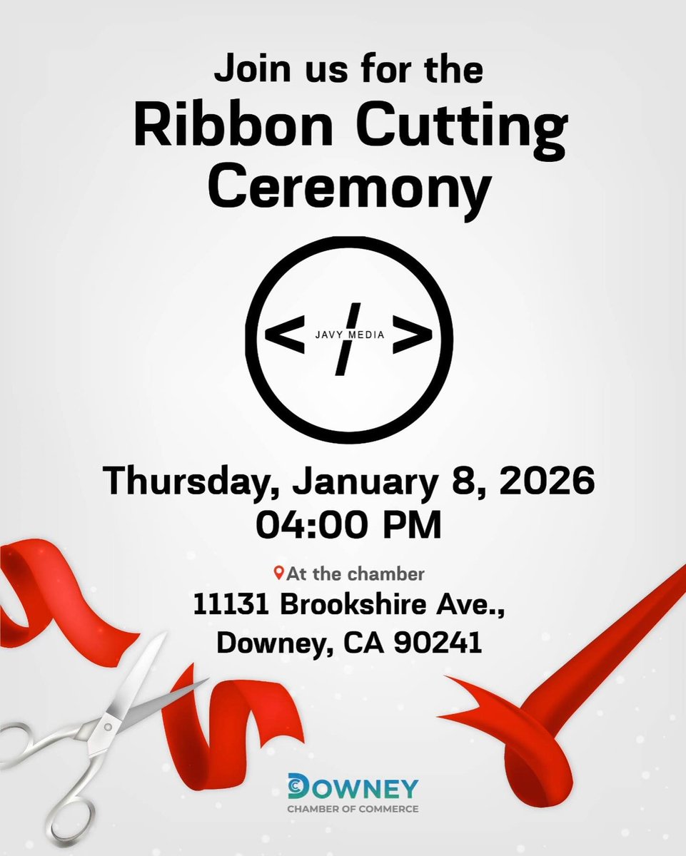 DowneyChamber's tweet photo. We're excited to officially open our doors!
Join us for our Ribbon Cutting Ceremony for Javy Media LLC! Be part of the moment. We look forward to seeing you there!
#RibbonCutting #GrandOpening #DowneyCA
#DowneyChamber #SmallBusiness https://t.co/Ngxzz7CjZS