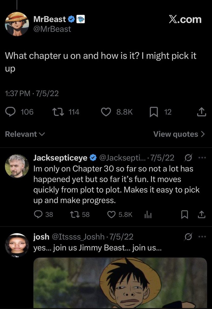 HoodDekuThe31st's tweet image. ●2021: Says One Piece is in his top 3

●2022: Says he'll read One Piece

●2025: Says he'll watch One Piece

Mr. Beast is a clown bro 😭💔