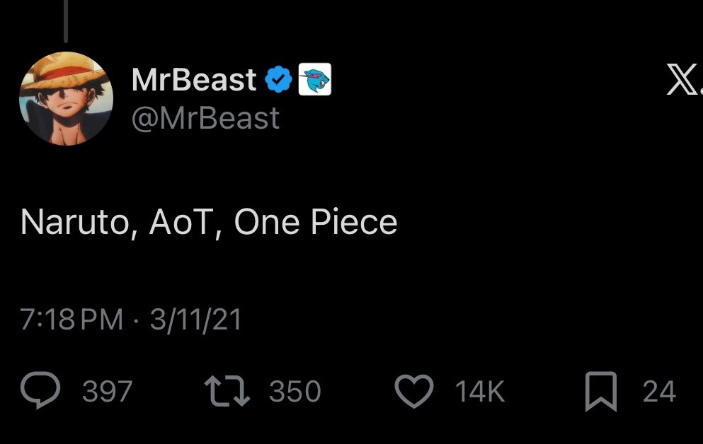 HoodDekuThe31st's tweet image. ●2021: Says One Piece is in his top 3

●2022: Says he'll read One Piece

●2025: Says he'll watch One Piece

Mr. Beast is a clown bro 😭💔
