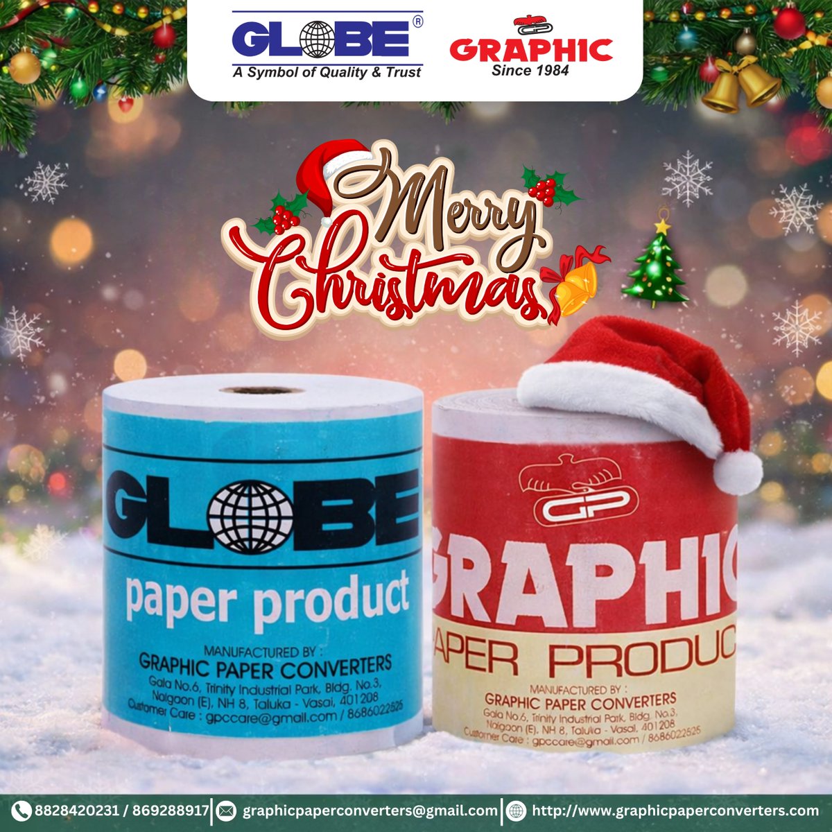 Graphicpaperoll's tweet photo. 🎄✨ Merry Christmas from GLOBE &amp; GRAPHIC!
Rolling into the season with quality &amp; trust. 🎅📜

🌐 : https://t.co/LPvJj5nbRK
📞 : +91-8692889171
📧 : graphicpaperconverters@gmail.com

#MerryChristmas #ChristmasVibes #thermalpaperroll #thermalpaper #thermal #officesupplies https://t.co/1tqKgrixJr