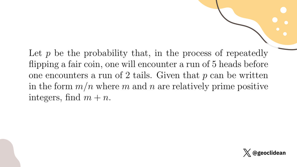 geoclidean's tweet photo. Flipping coins, again
#Probability #Ratio #NumberTheory #RelativelyPrime https://t.co/fWfEKON3Dv