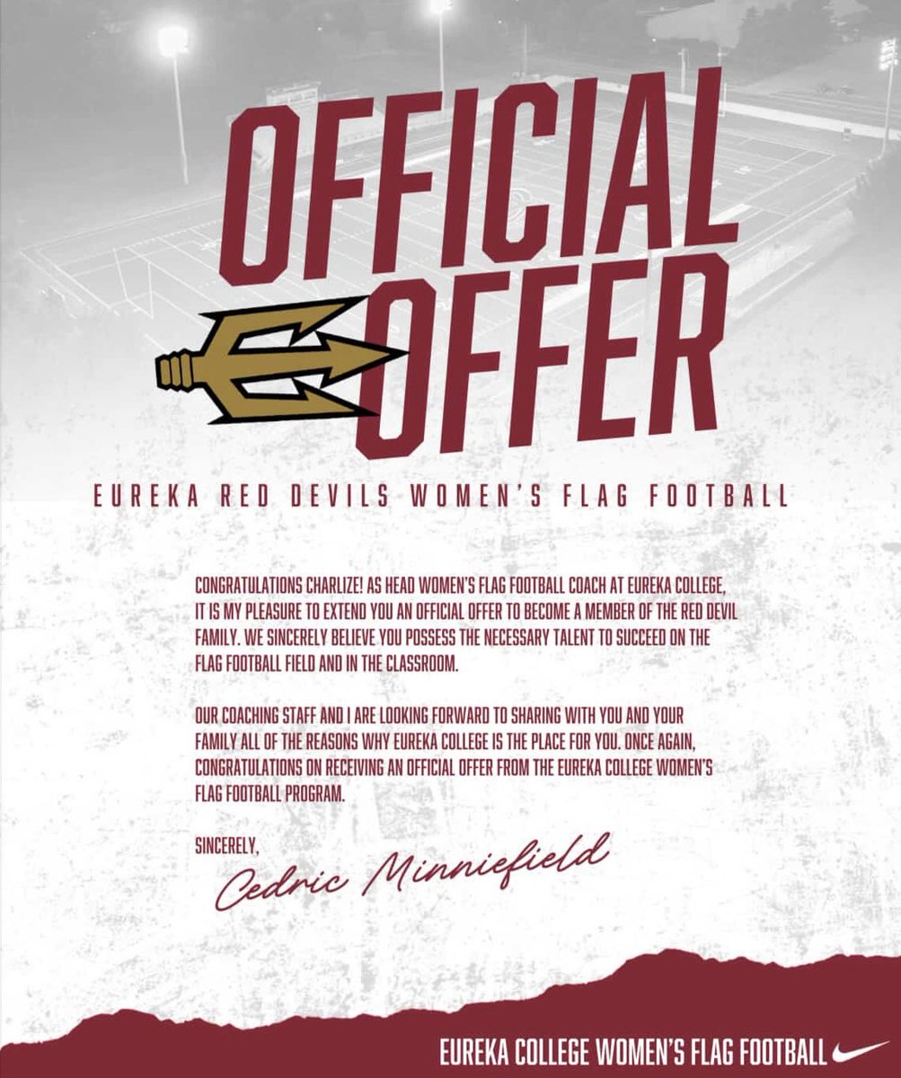 charlizeveram's tweet photo. Thank you @EurekaCollege for this chance to play flag football in college. I appreciate the opportunity you are giving me https://t.co/ofCwbA59Q0
