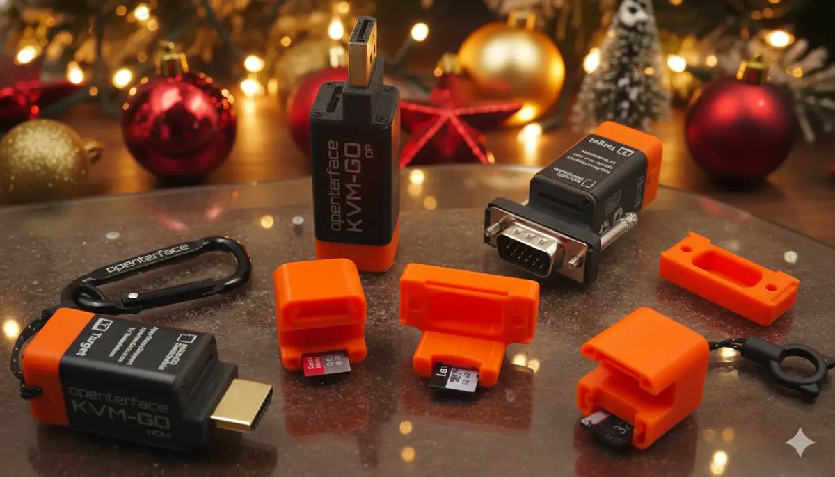 Openterface's tweet photo. 🎅サンタはおもちゃを運ぶ。私たちは HDMI、DP、VGA を運ぶ。🙈
Openterface & TechxArtisan より、メリークリスマス🎄
小さくても頼れるKVMの旅に参加してくれてありがとう❤️
※ 画像は Nano Banana により生成。実際のKVM-GO 製品写真をもとにしています。
#KVMGO #Openterface #メリークリスマス https://t.co/XZZVeNihhZ