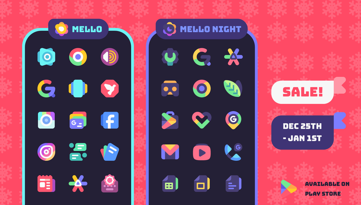 🌟 Christmas SALE! 🌟

Guys, Mello &amp; Mello Night Icon packs are on SALE for 8 days! Starting from DEC 25TH - JAN 1ST. Grab it while you can!

Get Mello here - play.google.com/store/apps/det…

Get Mello Night here -
play.google.com/store/apps/det…

Reshares are appreciated🙂

And Merry Christmas!