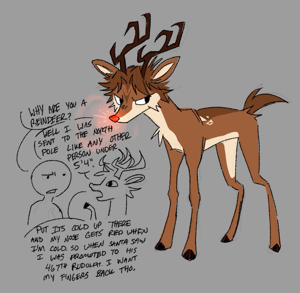 Altspeck's tweet image. Every December I adopt the nickname Rudolph because as a white person with a prominent schnoze my nose gets obnoxiously red in the cold 
Rudolph is actually the only saving grace for me during Christmas I am not upset. Christmas bambi