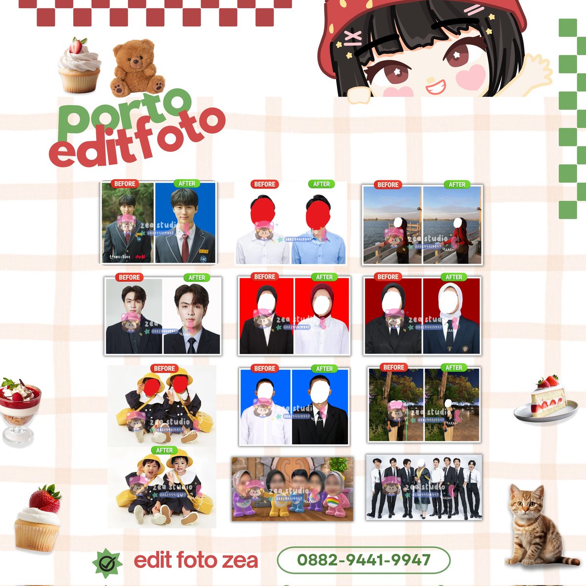 sheezapage's tweet image. selamat pagi🌤️ zea open edit foto ;
~pas foto cv ojk dll (resize, edit pakaian/ganti warna jas hitam kemeja dasi jilbab dasi, jas almet ub undip unair, hd foto)
~hapus nambah objek
~ganti background 
~retouch/simetris wajah
tanya² &amp;amp; order bisa wa ada di bio 🐈 #zonauang .698