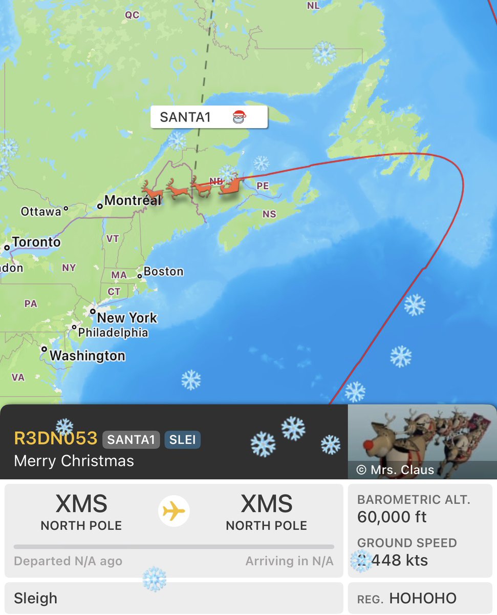 sentdefender's tweet photo. NORAD has identified the contact as R3DN053, a wooden-flying sleigh led by roughly a dozen reindeer and going by the callsign SANTA1, now cleared to enter American and Canadian Airspace, with the F-22s and CF-18s returning to their respective bases, Merry Christmas! https://t.co/DZY3rXX7Qd